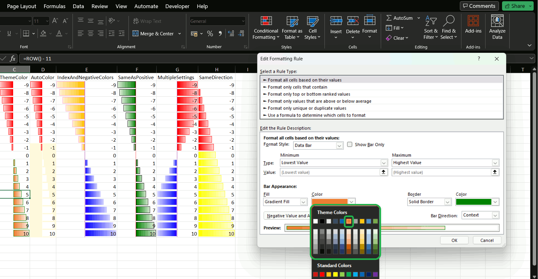 Conditional formatting - theme colors, index and auto are now supported.